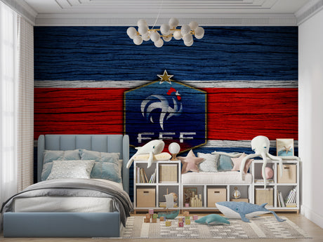 French football team wallpaper displayed in modern game room with leather seating and sports memorabilia