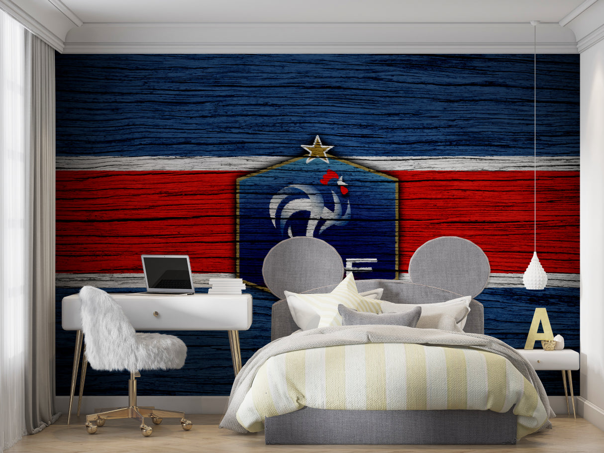 Sports themed wall mural in teen bedroom with gaming setup and football accessories