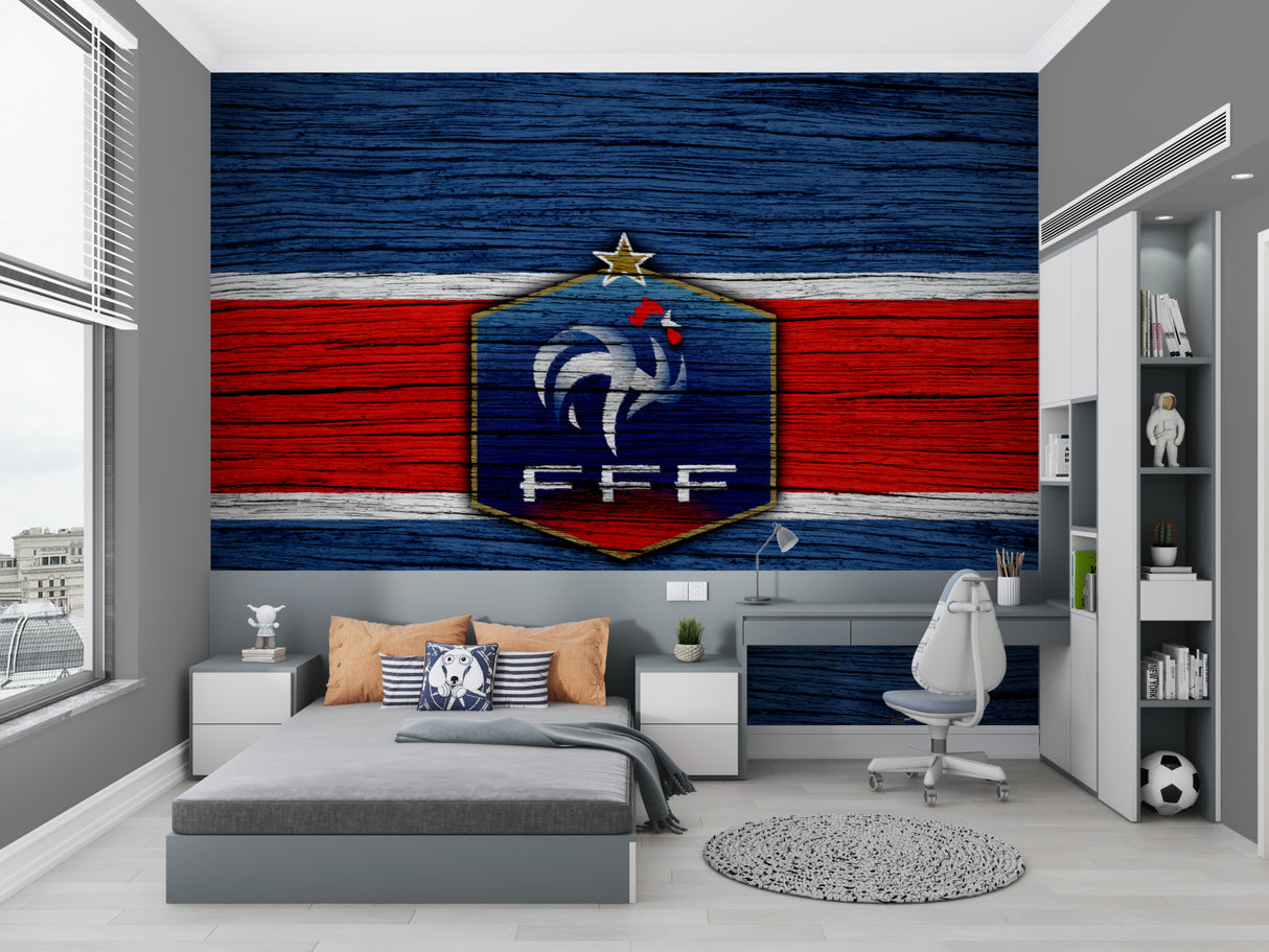 French football mural in sports bar setting with flat-screen TVs