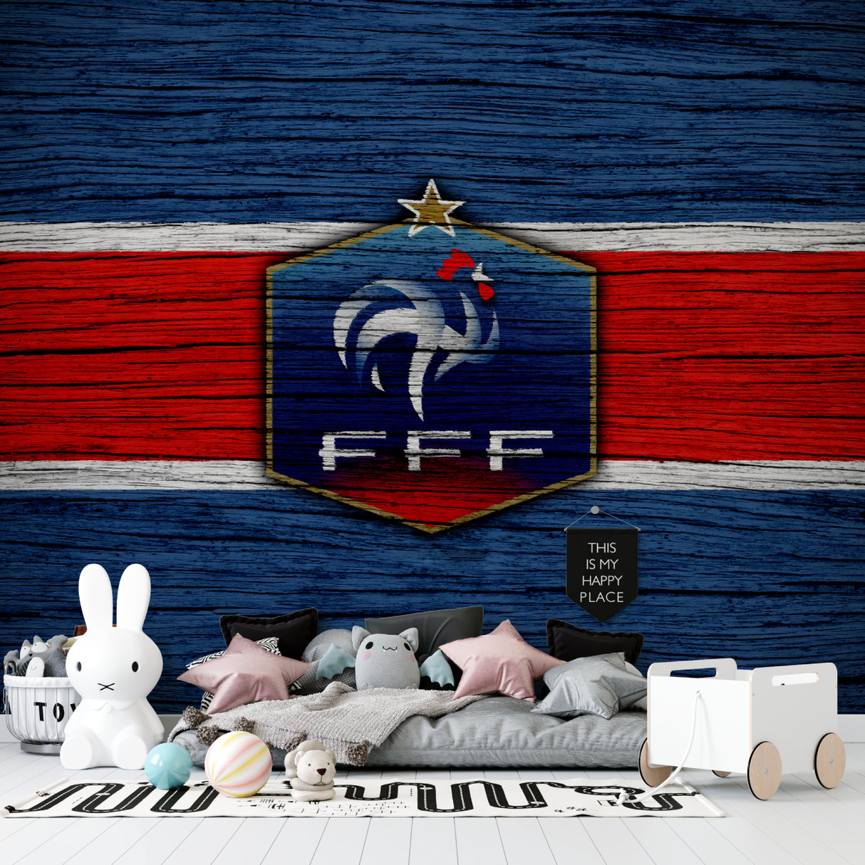 Team wallpaper showcased in fan cave with trophy display