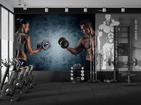 Modern sports wallpaper mural showcased in a bright commercial gym setting, blue texture energizing the workout space
