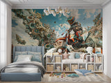 Motocross wallpaper bringing energy to a modern gaming room with turquoise and beige tones