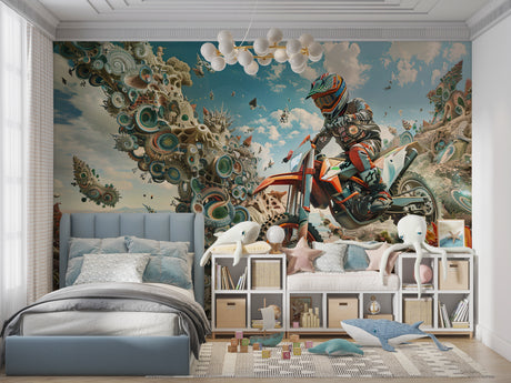 Motocross wallpaper bringing energy to a modern gaming room with turquoise and beige tones