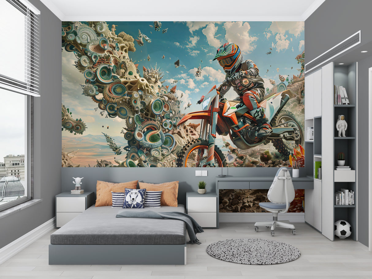 Teen bedroom featuring dynamic motocross wall mural with abstract elements