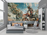 Teen bedroom featuring dynamic motocross wall mural with abstract elements