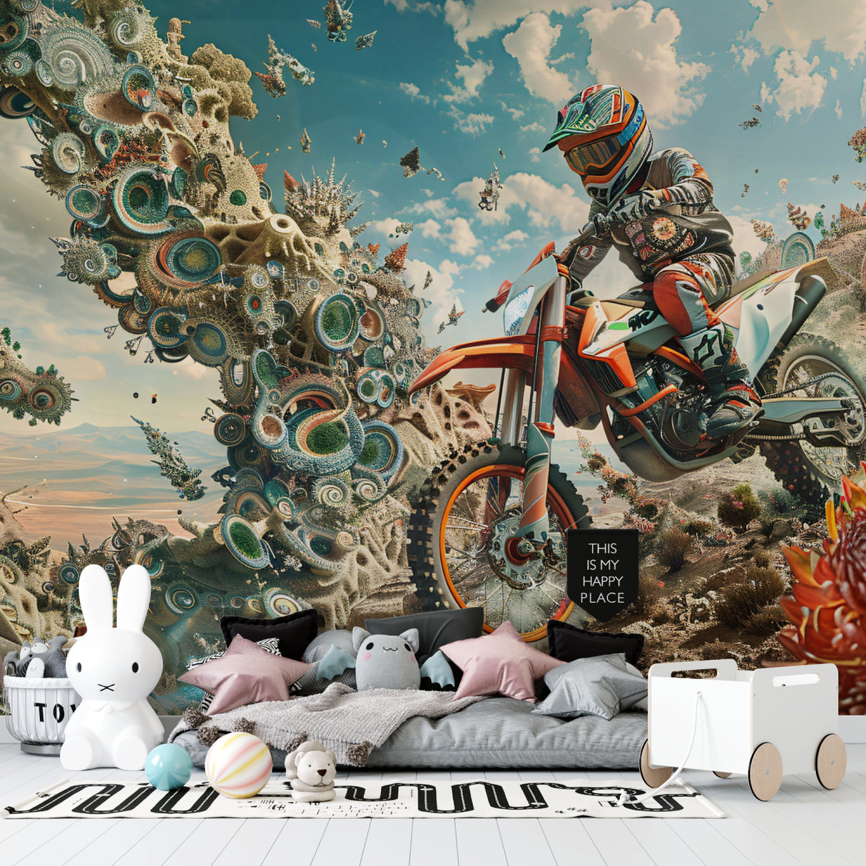 Sports themed home office showcasing motorcycle action wallpaper design