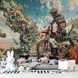 Sports themed home office showcasing motorcycle action wallpaper design