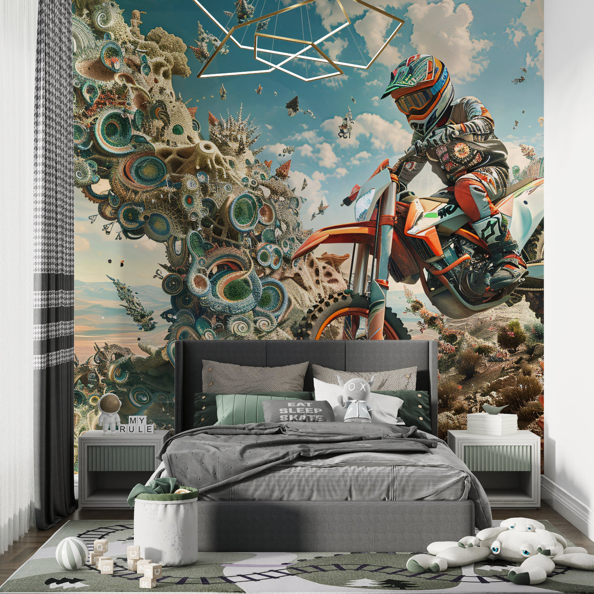 Man cave transformed with extreme sports wall mural in stunning abstract style