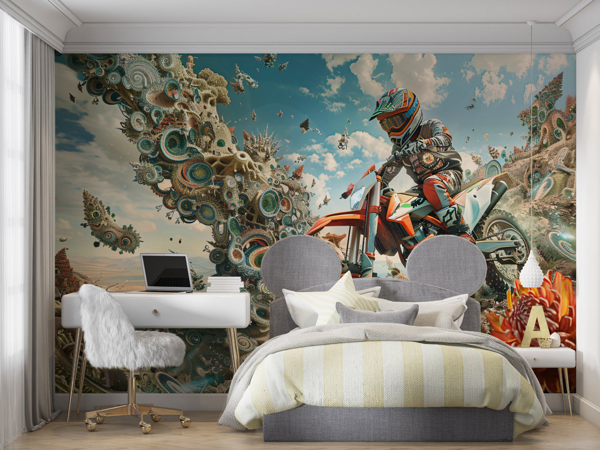 Motocross wallpaper creating bold impact in modern entertainment room