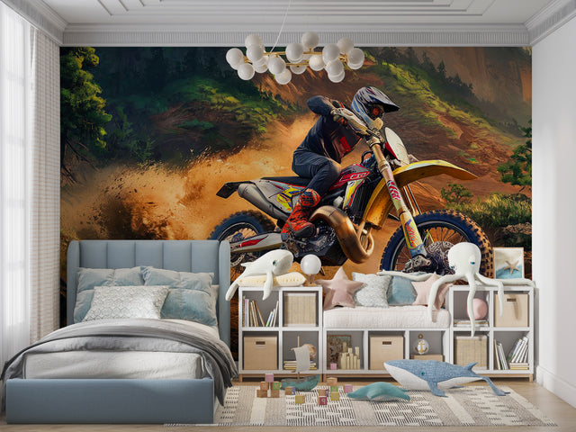 Motocross wallpaper bringing energy to a modern teen bedroom with dirt bike action scene