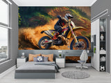 Sports action mural displayed in a gaming room showing dynamic motorcycle racing