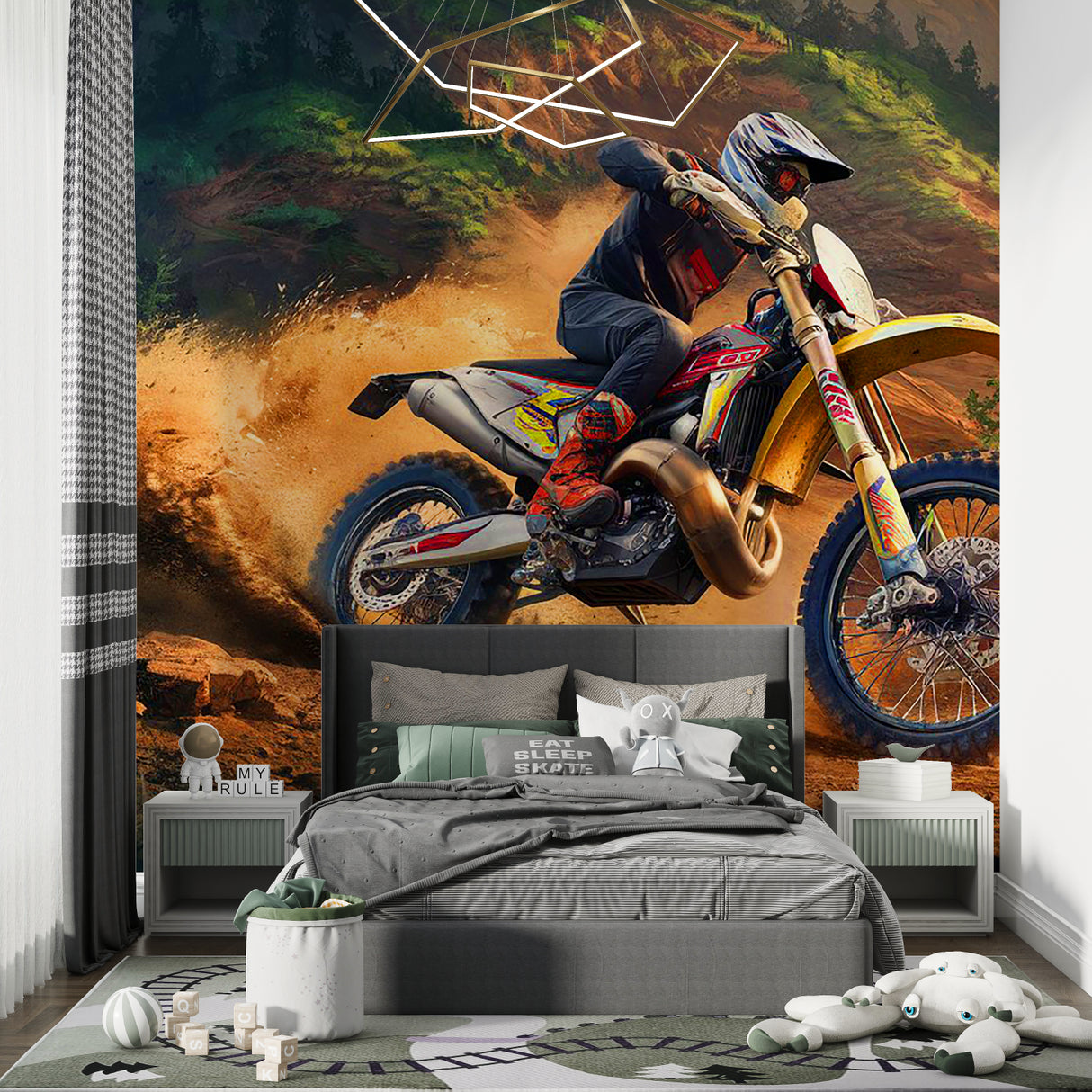 Motorcycle wall mural creating impact in a man cave with dramatic lighting