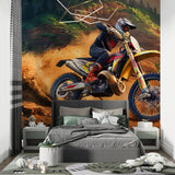 Motorcycle wall mural creating impact in a man cave with dramatic lighting