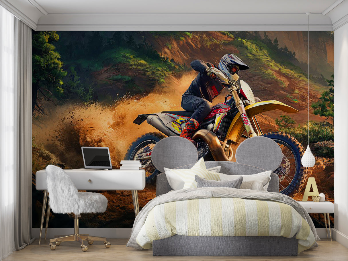Motocross wallpaper transforming a home office with action-packed scene