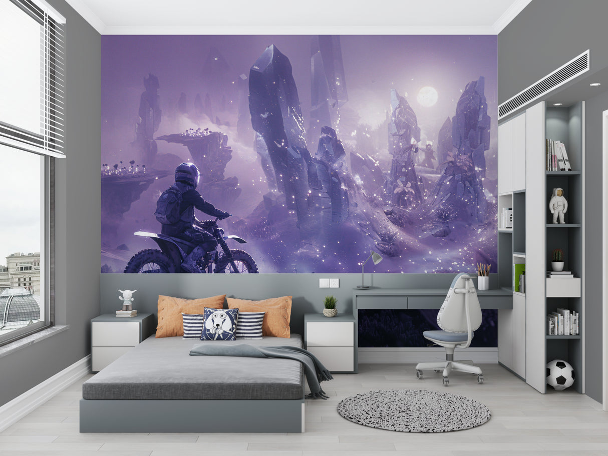 Purple galaxy sports wallpaper transforming a small bedroom into an adventure space