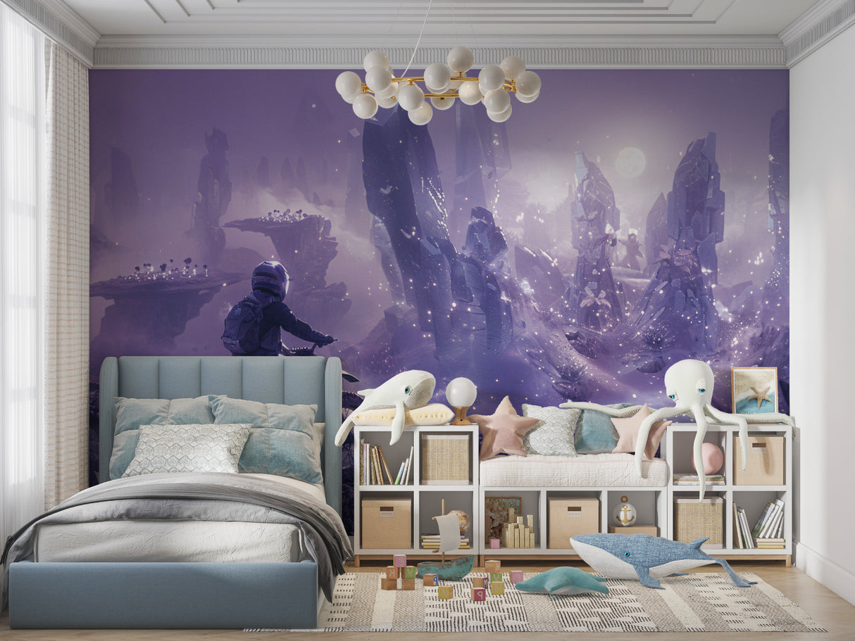 Motocross wall mural in a minimalist room showing scale and impact