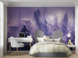 Sports themed wallpaper creating depth in a teen entertainment room