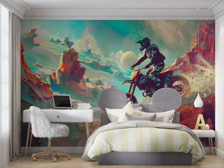 Motocross wallpaper bringing energy to a modern teen bedroom with turquoise accents