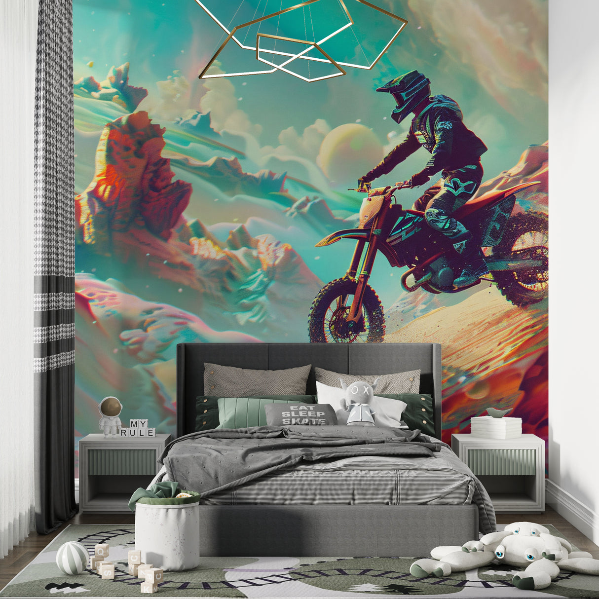 Sports mural in gaming room showing dynamic motocross action against turquoise sky