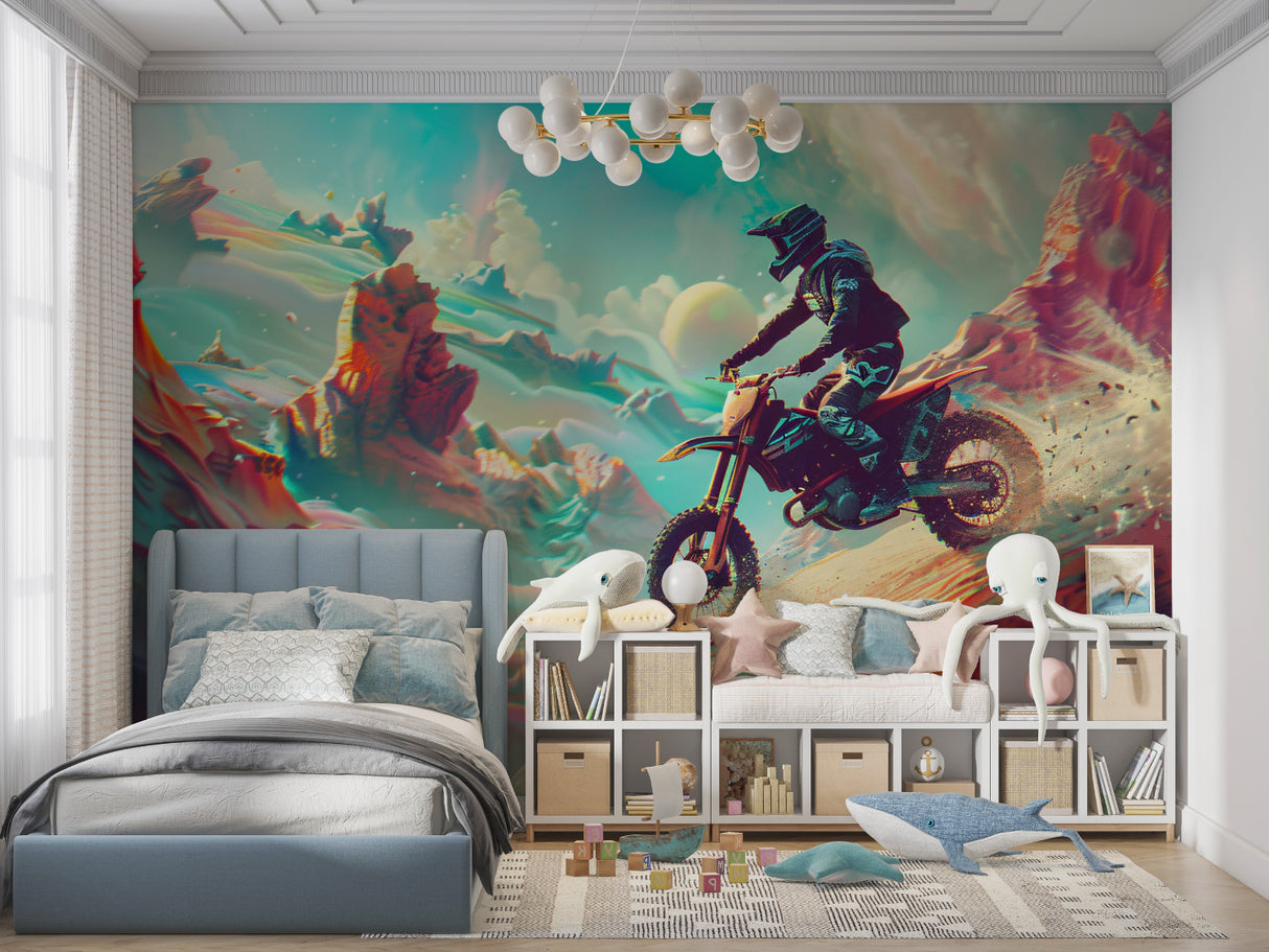 Action sports wallpaper transforming home gym with dramatic motocross scene