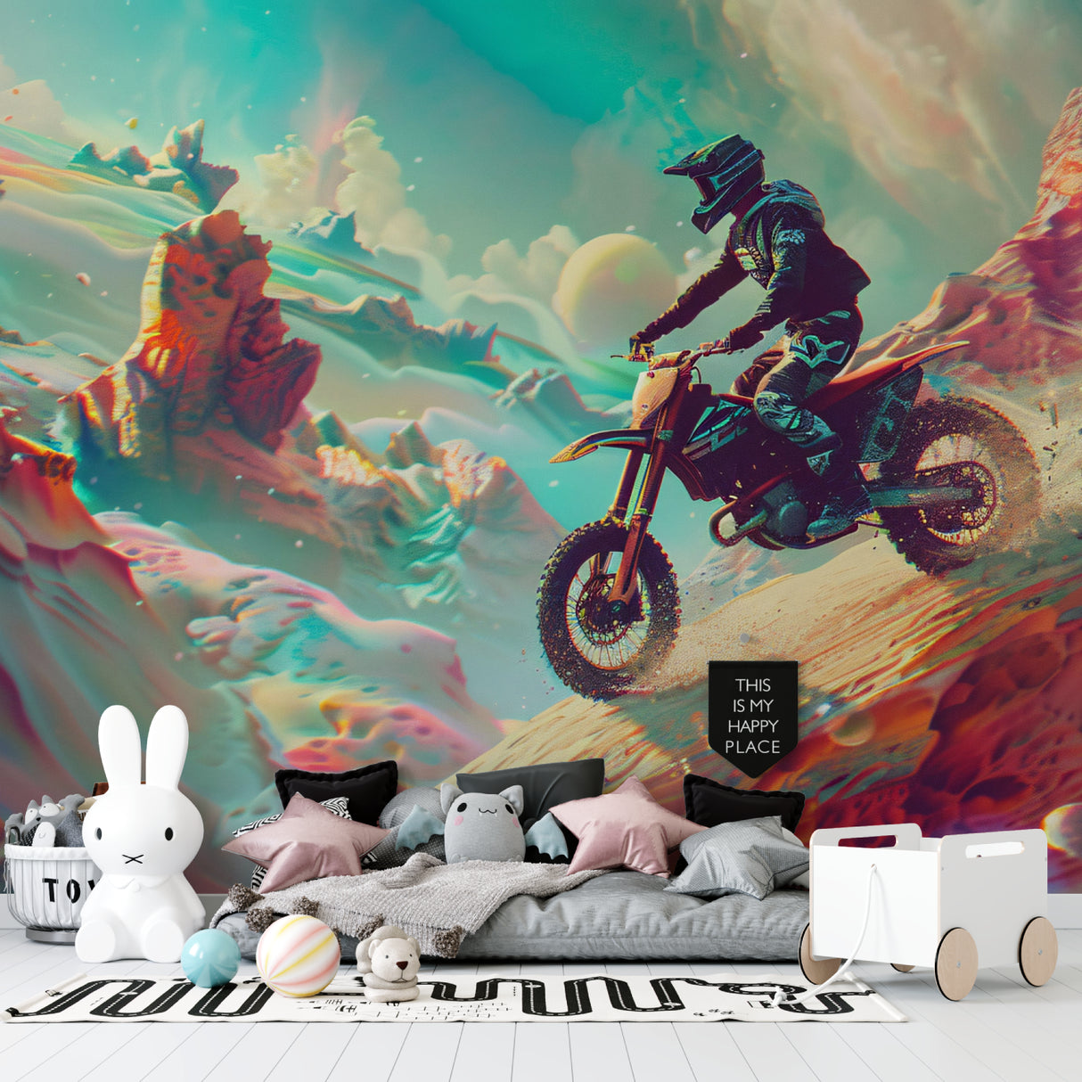 Extreme sports mural adding excitement to entertainment room with turquoise theme