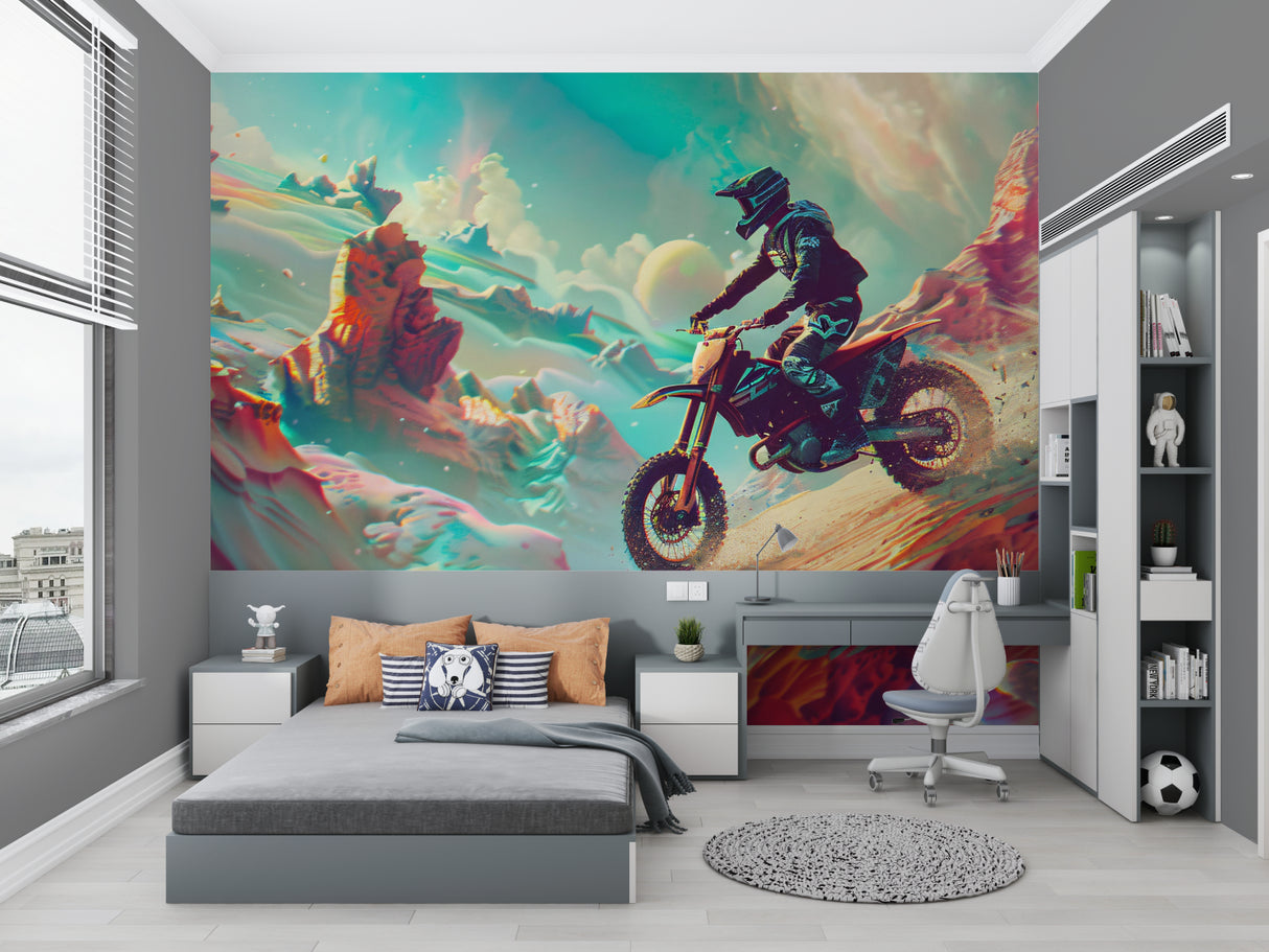 Motocross wall art creating bold statement in modern office space