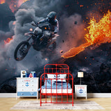 Sports mural featuring motorcycle and volcano scene transforming a game room wall