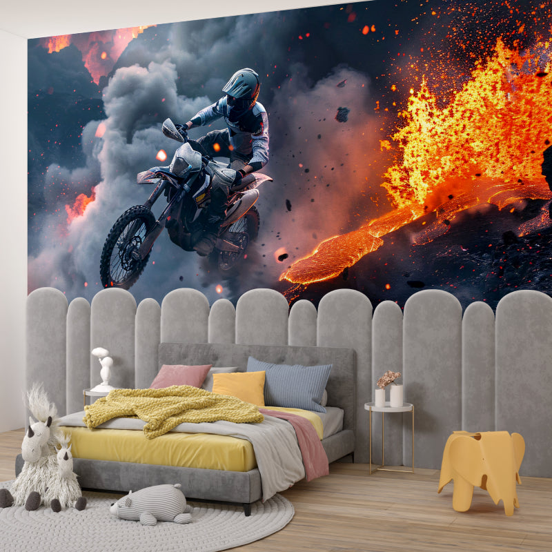 Extreme sports wallpaper adding dynamic flair to a home gym with motocross theme