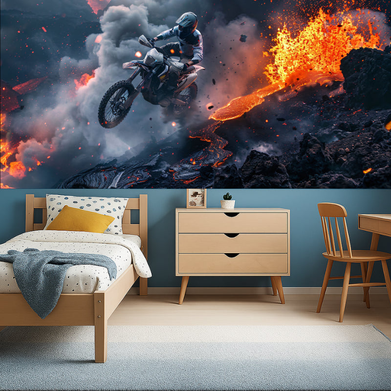Adventure sports mural creating bold impact in a modern living room setting