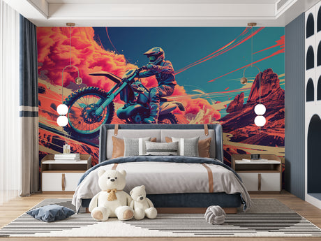 Motocross desert wallpaper in modern teen bedroom showing dramatic sunset scene