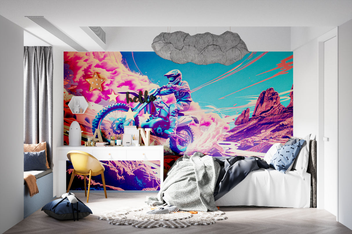 Sports mural featuring motocross action in stylish game room setting