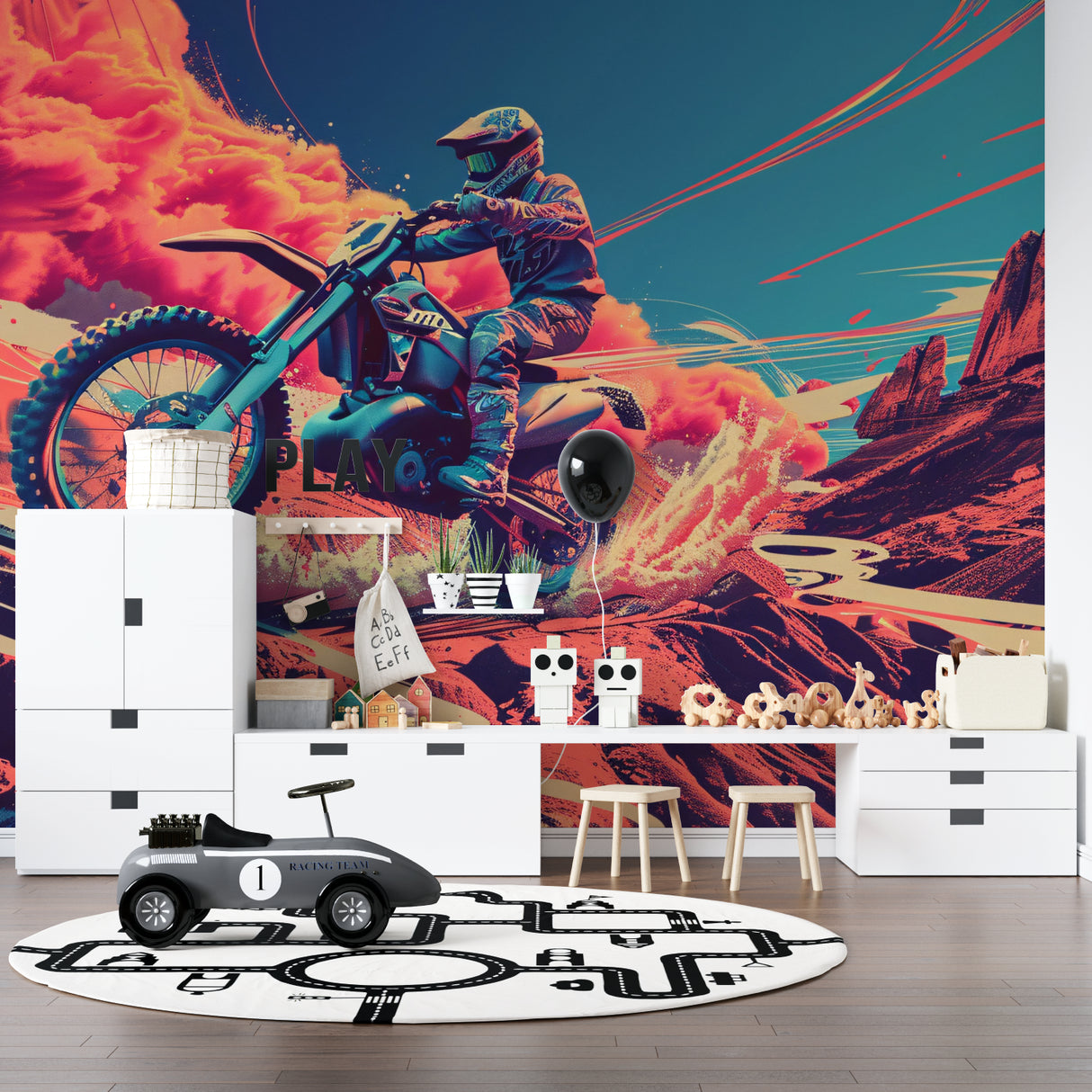 Action sports wallpaper bringing energy to urban loft space