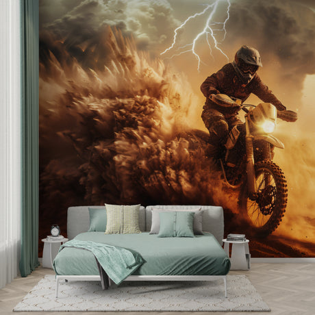 Motocross desert wallpaper in modern teen bedroom showing dynamic racing scene against sunset