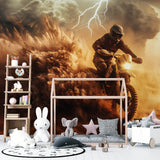 Desert racing wallpaper creating bold impact in home gym with action sports theme