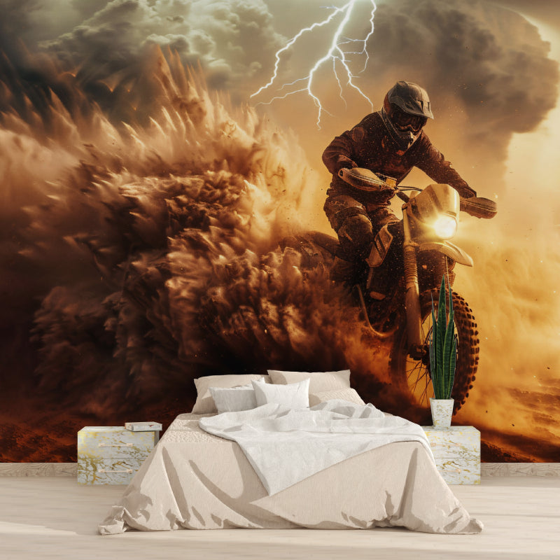Motocross action mural bringing energy to modern office space with desert storm backdrop