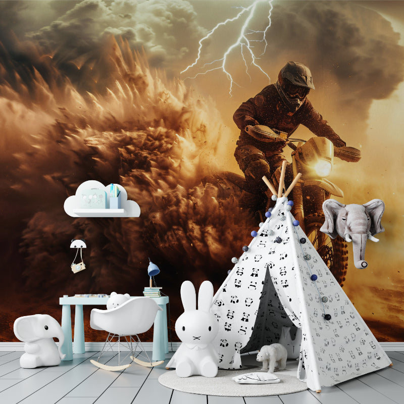 Sports themed wall mural showcasing desert motocross scene in entertainment room
