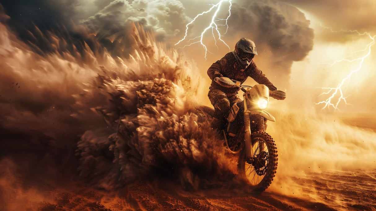 Motocross desert storm design file showing detailed racing action and dramatic sky effects