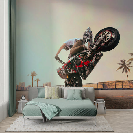 Motocross wallpaper bringing energy to a modern teen bedroom with blue accent walls
