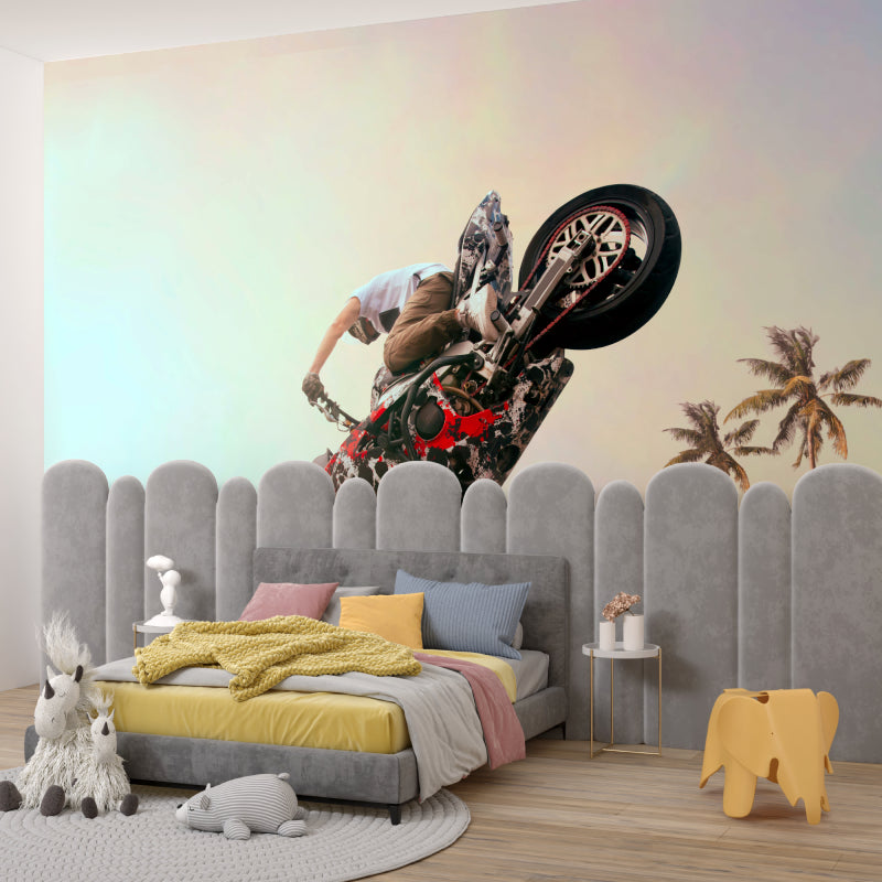Motocross action mural creating focal point in an urban style living room