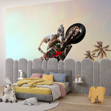 Motocross action mural creating focal point in an urban style living room