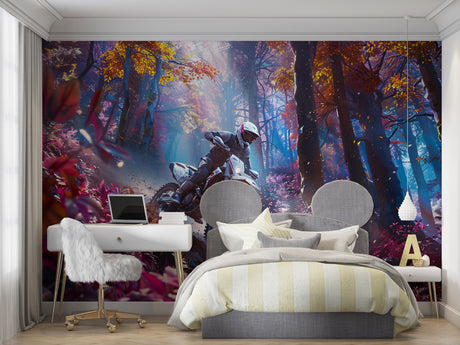Motocross wallpaper bringing energy to a modern teen bedroom with dramatic forest scene