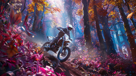 Design file showing detailed motocross rider jumping through mystical forest scene