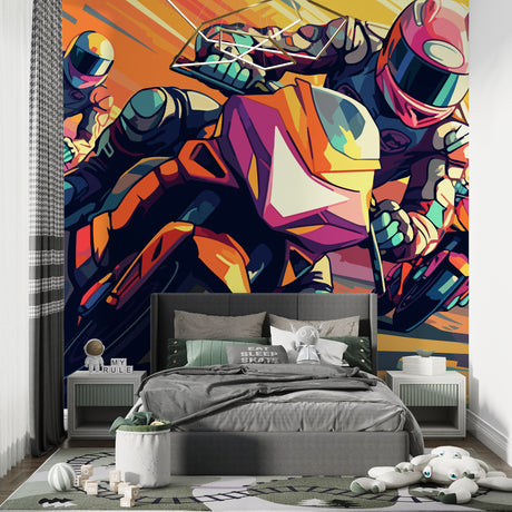 MotoGP racing wallpaper bringing urban style to modern living room with dramatic lighting