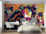 Sports themed wall mural transforming home office with urban racing art