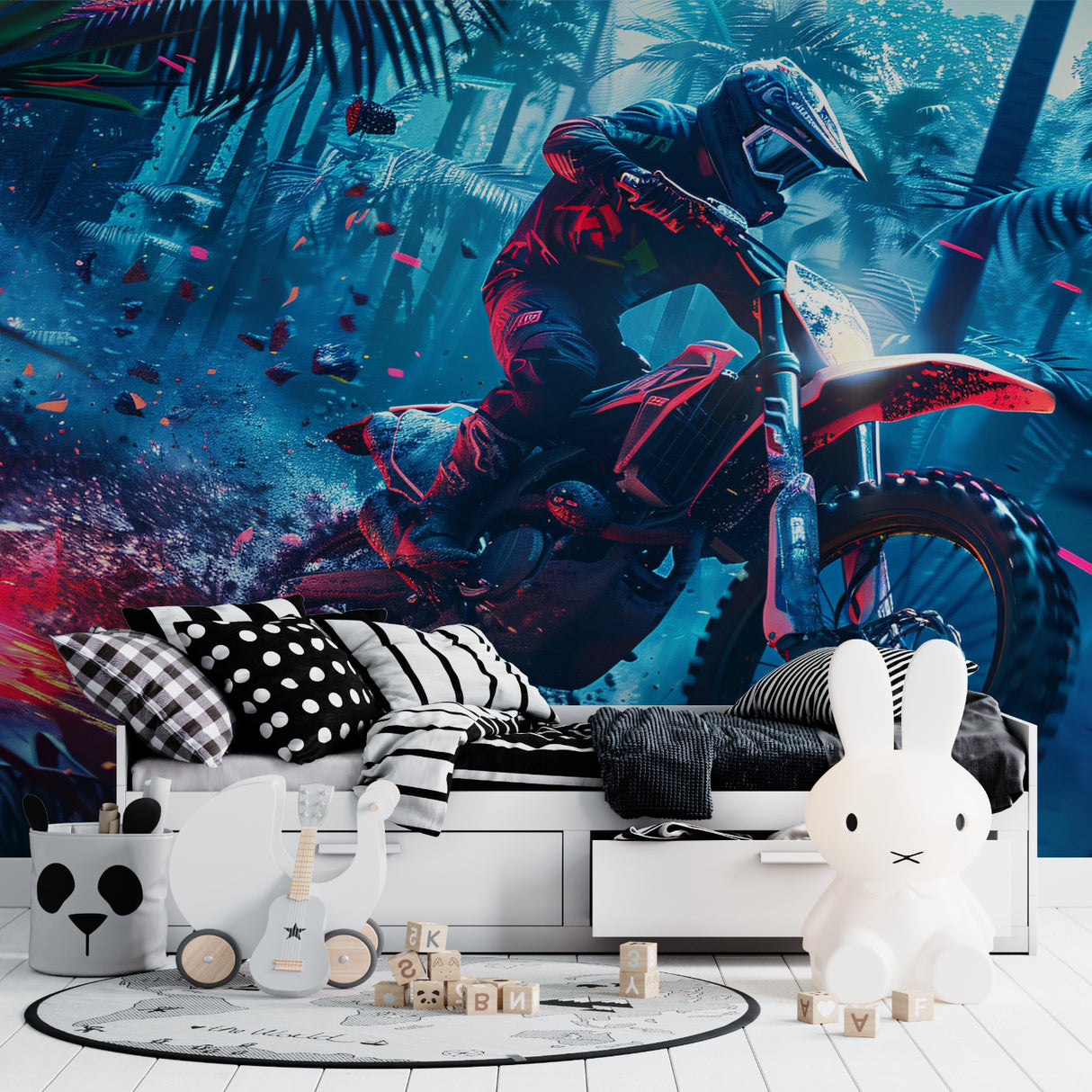 Motocross wallpaper bringing vibrant energy to a modern teen bedroom with neon accents