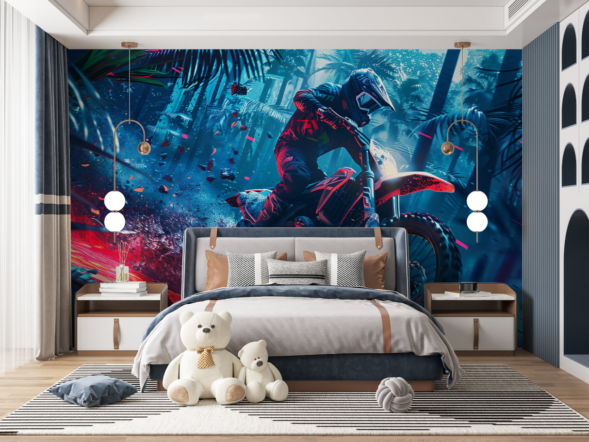 Neon motocross wallpaper transforming a home gym with dynamic action design