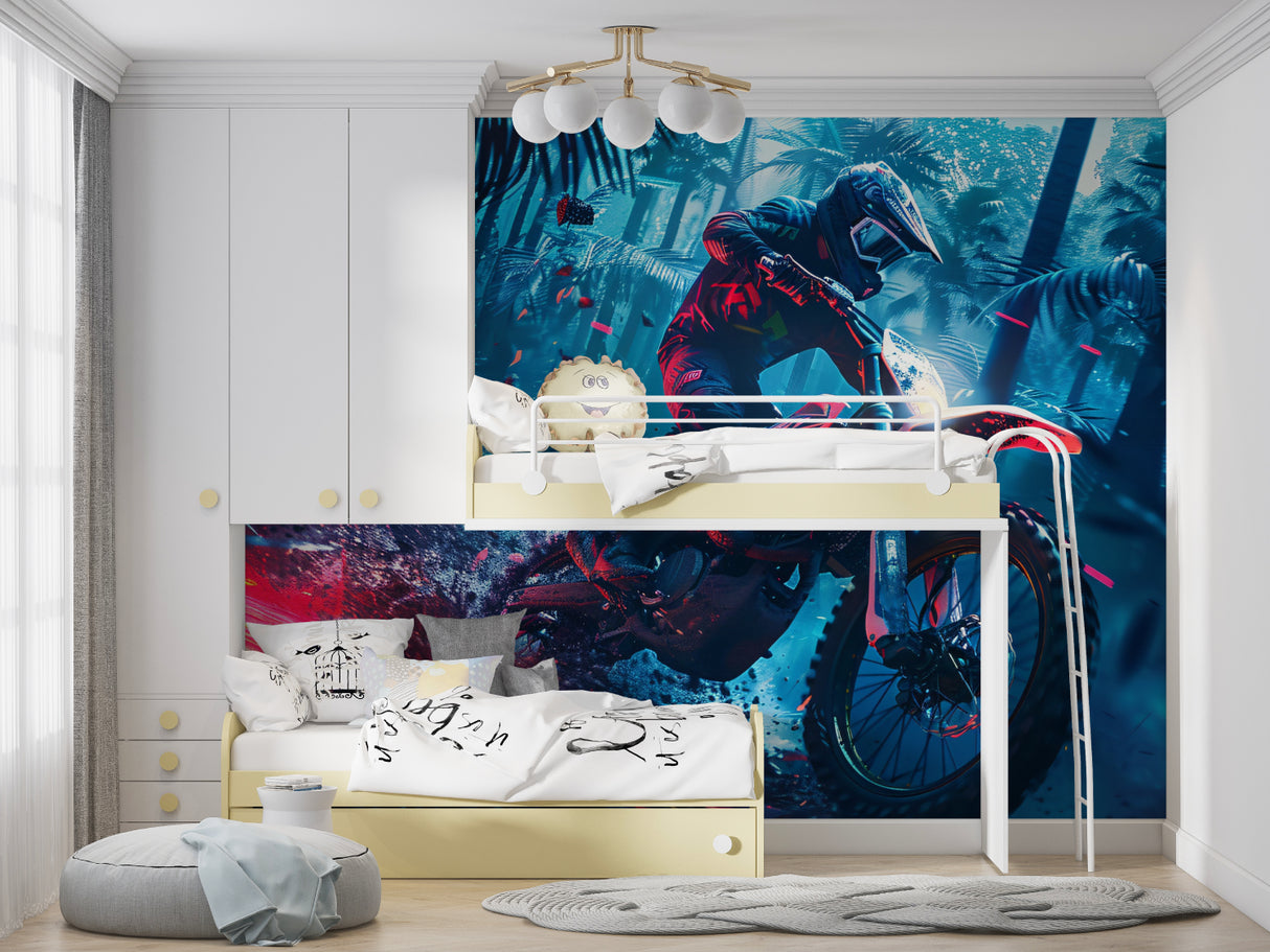 Action sports wallpaper making a bold statement in a modern family room