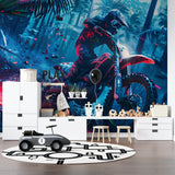 Extreme sports mural energizing a recreational space with neon motocross theme