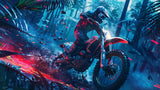 High-resolution design file showing detailed neon motocross pattern with urban jungle background