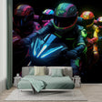 Motocross racing wallpaper in modern teen bedroom with neon glow effects